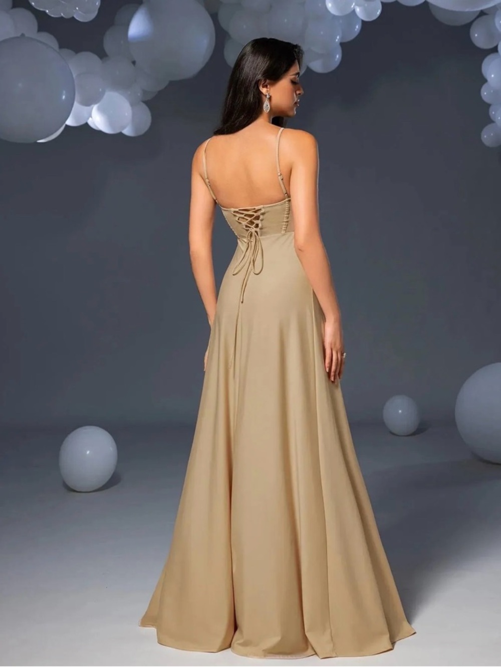 Faeriesty Solid Spaghetti Straps Split Thigh Formal Corset Dress in Champagne - Picture 3 of 7